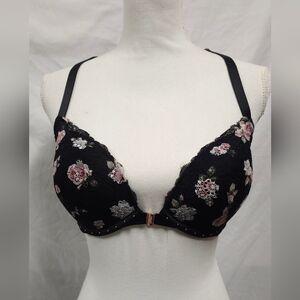 Floral Lace Push-Up Bra - Black with Pink Accents